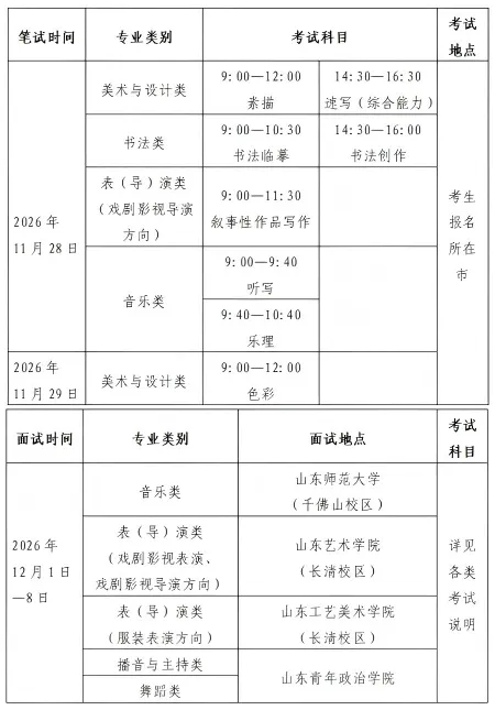 2027年山东艺术统考安排公布！11月28日开考！